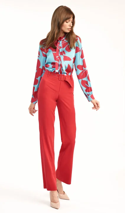 Red pants with flared legs