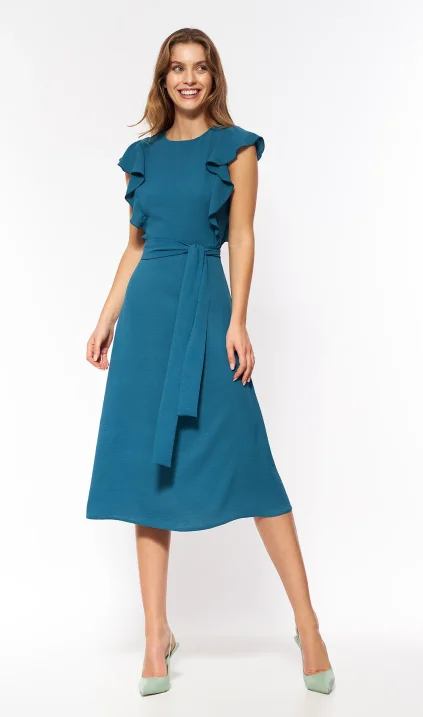 Azure dress with ruffles on the shoulder