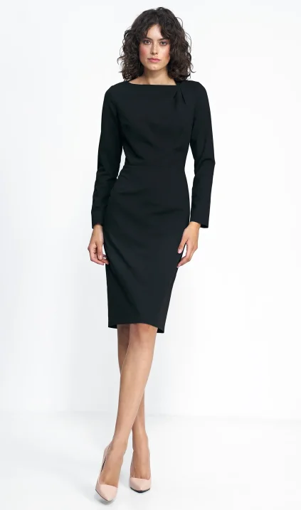 Black dress with pleated neckline