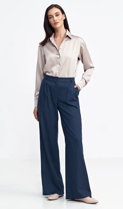 Trousers with pleats, wide leg, striped - navy blue