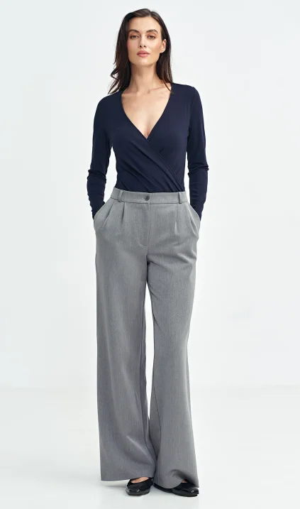 Trousers with pleats, wide leg - grey