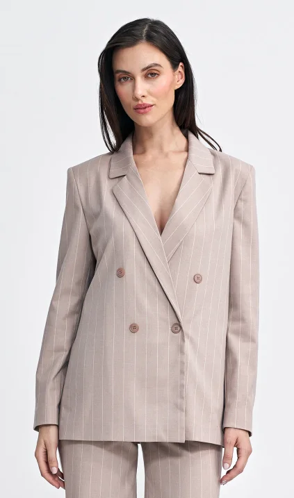 Oversize, double-breasted jacket, striped - beige