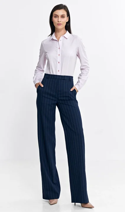 Bootcut trousers, striped - navy blue