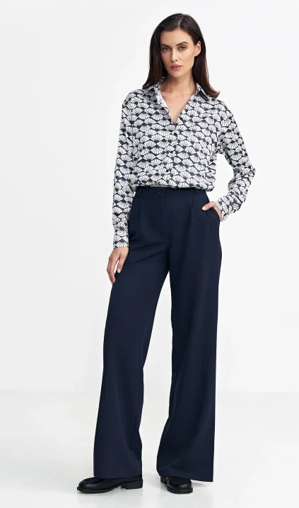 Trousers with pleats, wide leg - navy blue