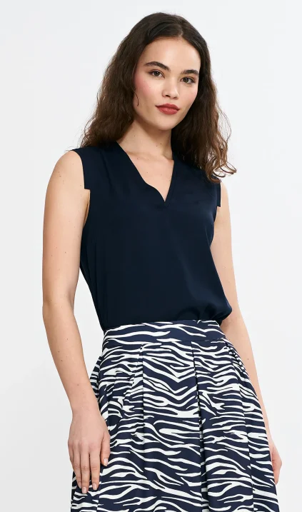Sleeveless blouse, with V-neckline - navy blue