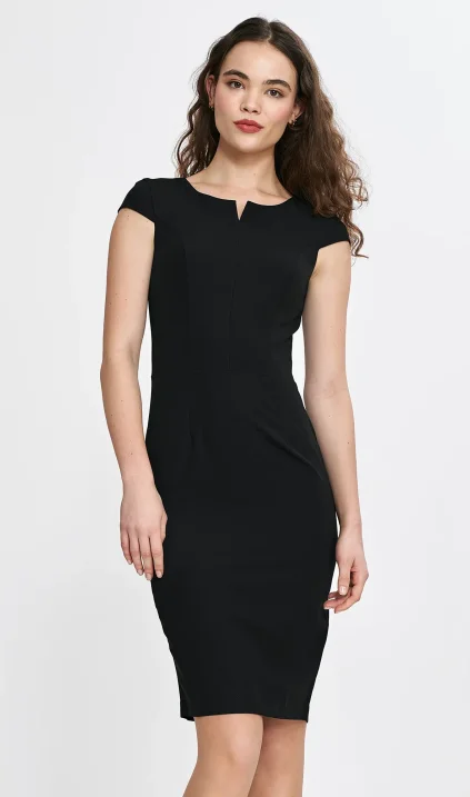 Pencil dress with a neckline slit - black