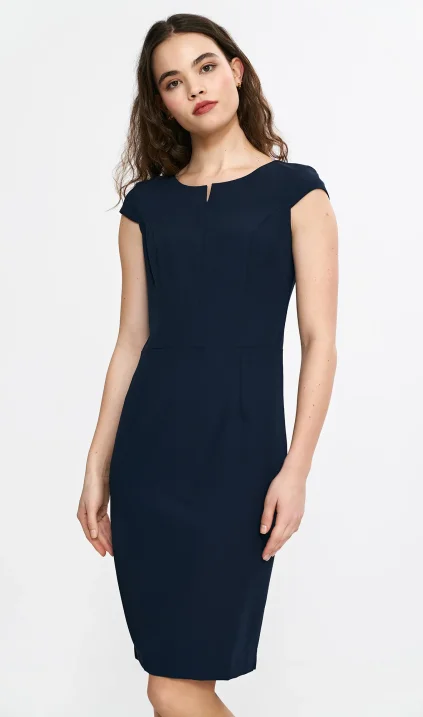 Pencil dress with a neckline slit - navy blue