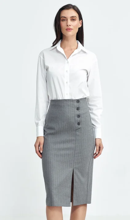 Pencil skirt, with buttons on the side, striped - gray