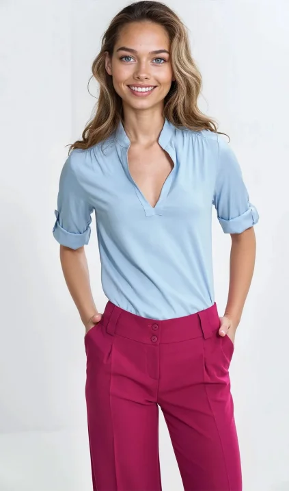 Blouse with roll-up sleeves - light blue