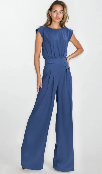 Rayon jumpsuit with palazzo legs - cobalt