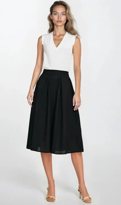 Rayon midi skirt with pleats - black