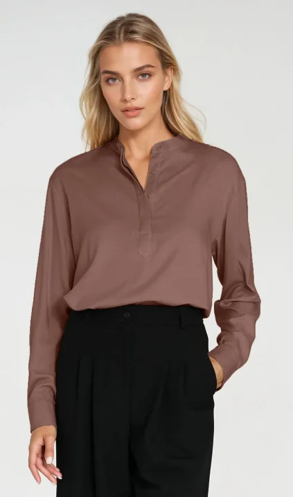 Viscose polo blouse with stand-up collar - mocha
