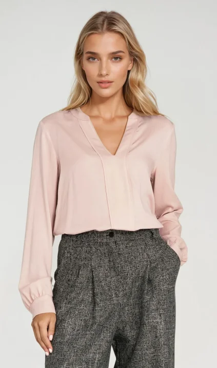 Viscose blouse with wide placket at neckline - beige