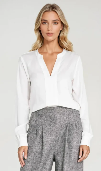 Viscose blouse with wide placket at neckline - ecru