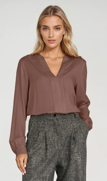 Viscose blouse with wide placket at neckline - mocha