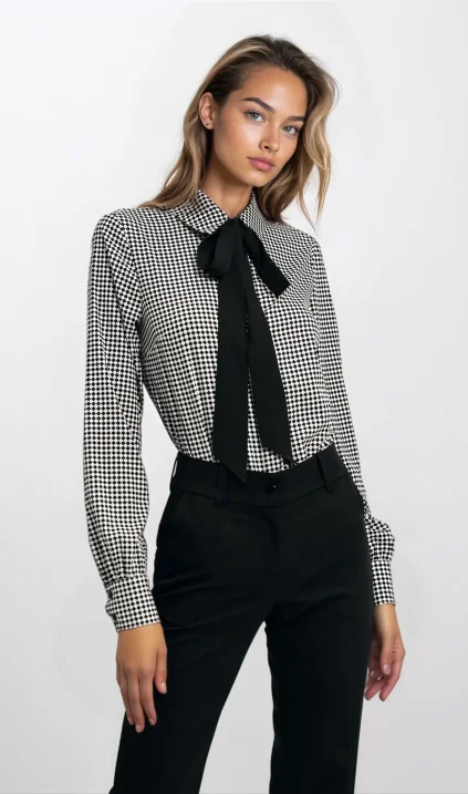 Blouse with tie in rhombus pattern