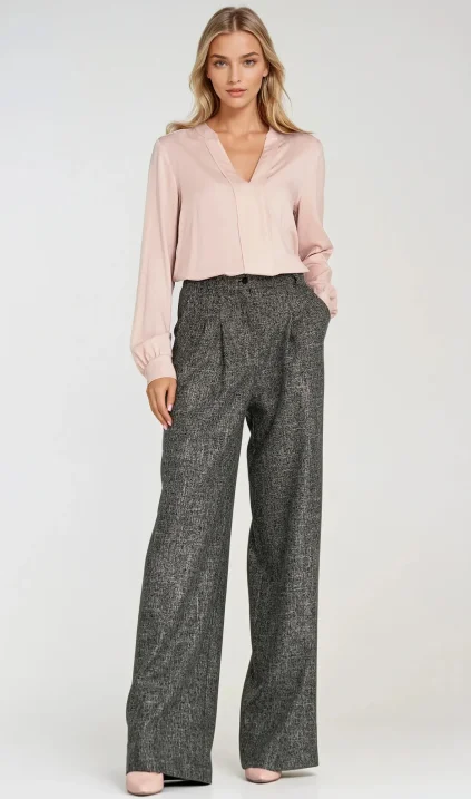 Trousers with pleats, wide leg - dark grey melange