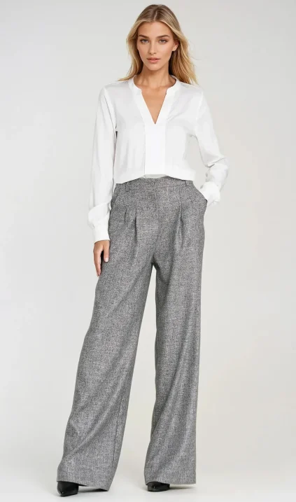 Trousers with pleats, wide leg - light grey melange