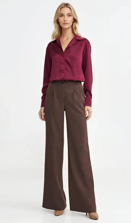 Trousers with pleats, wide leg- brown