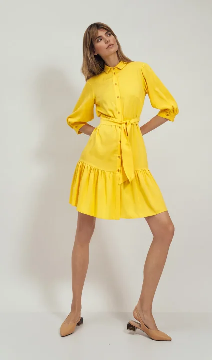 Viscose dress with a frill in yellow colour
