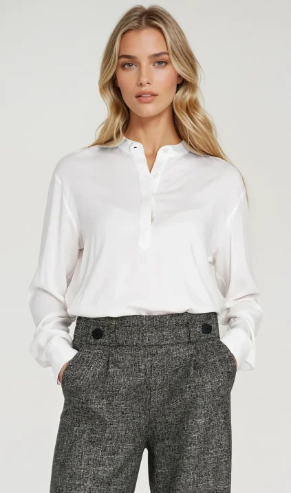Viscose polo blouse with stand-up collar - ecru