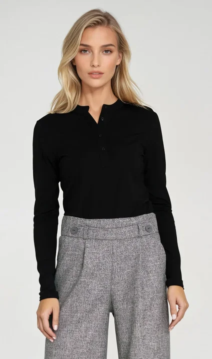 Polo blouse with stand-up collar - black