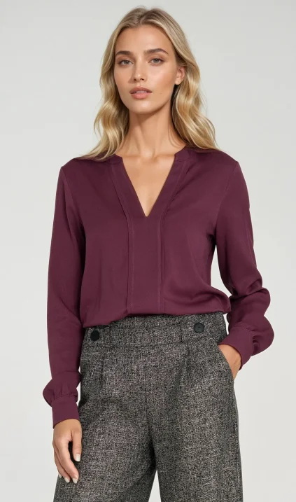 Viscose blouse with wide placket at neckline - plum