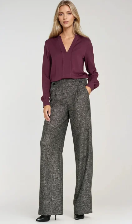 Wide leg trousers with elastic waist and buttons - dark grey melange
