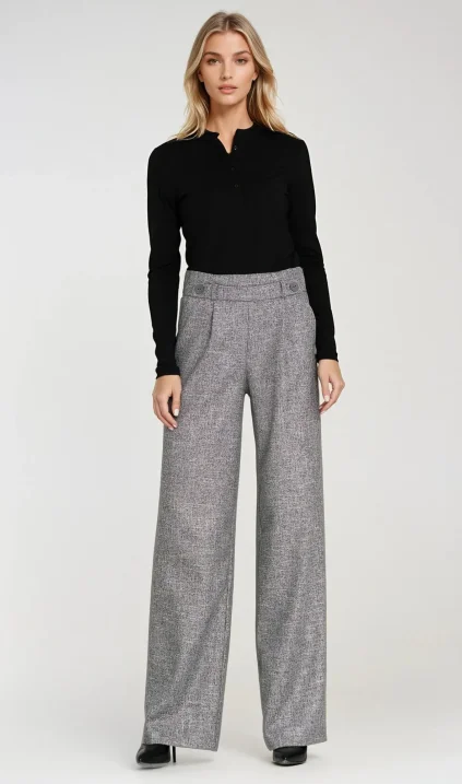 Wide leg trousers with elastic waist and buttons - light grey melange
