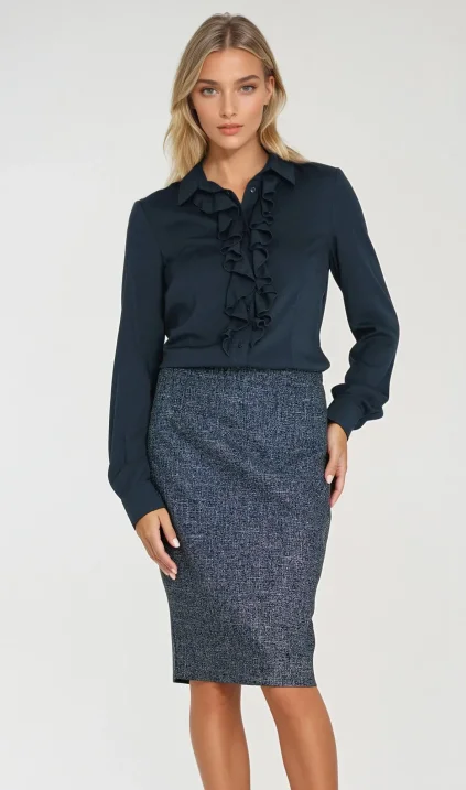 Viscose blouse with ruffle - navy blue