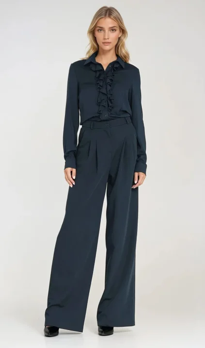 Trousers with pleats, wide leg - navy blue