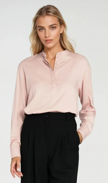 Viscose polo blouse with stand-up collar - beige