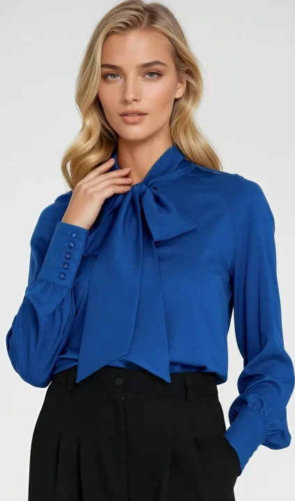 Viscose blouse with sash - blue