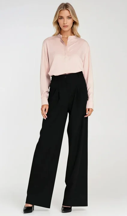 Trousers with pleats, wide leg - black