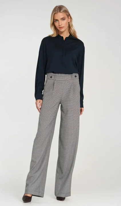 Wide leg trousers with elastic waist and buttons - houndstooth