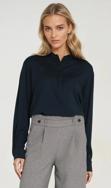 Viscose polo blouse with stand-up collar - navy blue