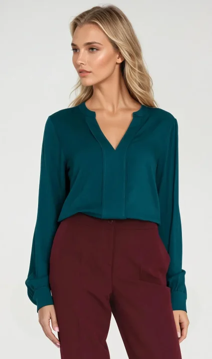 Viscose blouse with wide placket at neckline - emerald