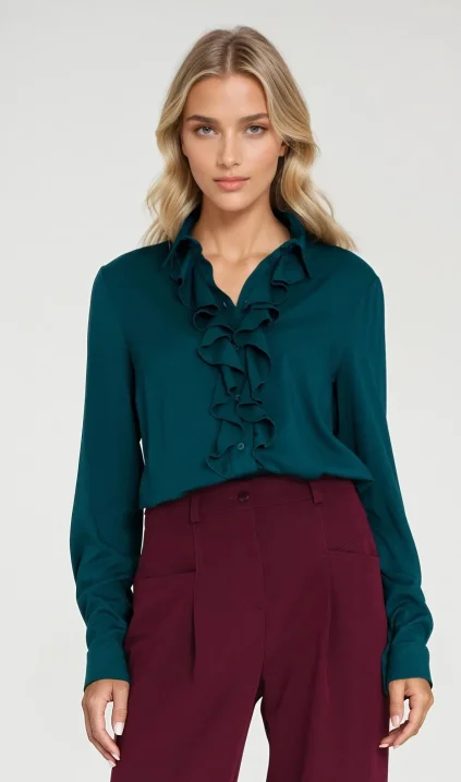 Viscose blouse with ruffle - emerald